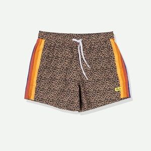 Leopard Print Swim Trunks with Orange and Blue Accents